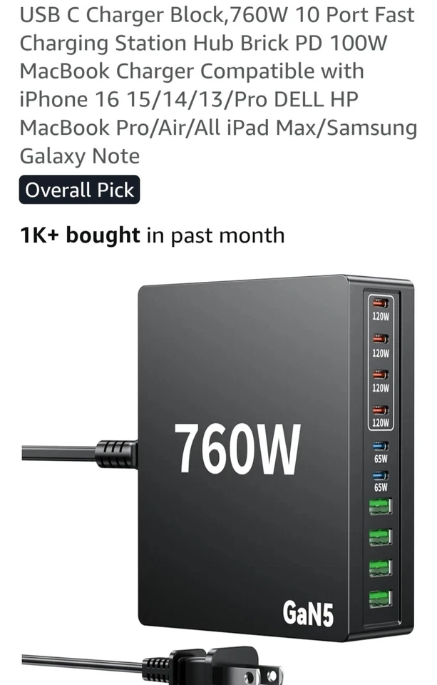 760W USB C Charger Block, 10 Port Fast Charging Station Hub Brick PD 100W Macboo - Image 1 of 4