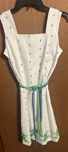 Vtg Vested Gentress 70’s White Blue Green Frog Print Belted Shift Maxi Dress 8 - Picture 1 of 5