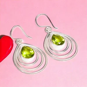 Peridot Gemstone 925 Silver Minimalist August Birth Dangling Earrings Jewelry - Picture 1 of 7