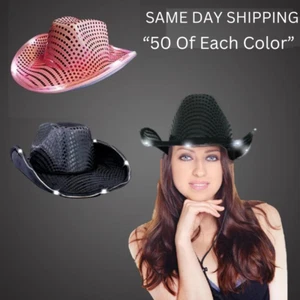 Black & Pink LED Light Up Flashing Sequins Cowboy Hats - Pack of 100 - Picture 1 of 3