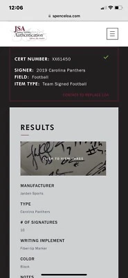 2019 Carolina Panthers Team Autographed Football. 10 Signatures With Case. - Image 1 of 4