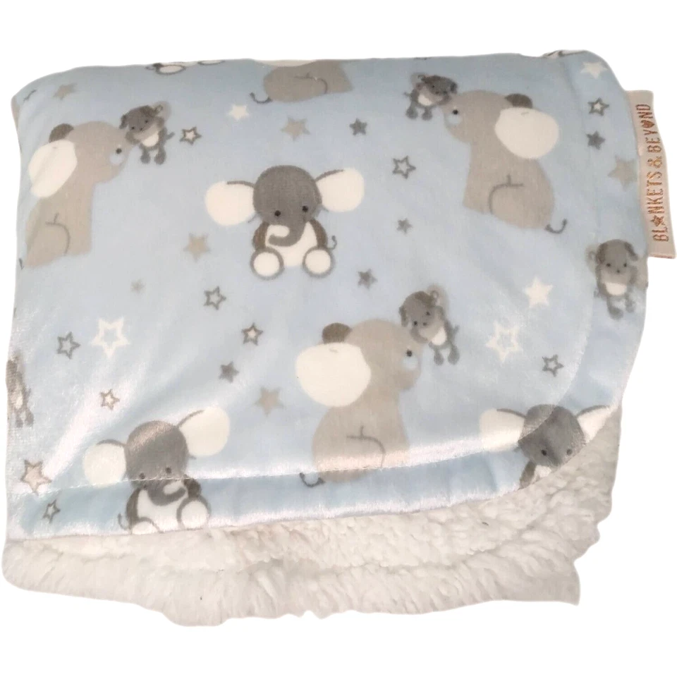 Blankets & Beyond Blue Elephant Puppy Dog Baby Lovey White Sherpa Stars Plush LN - Image 1 of 3