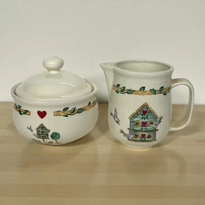 Crema y azucarero vintage Thomson Pottery Birdhouse and Hearts con tapa - Imagen 1 de 9
