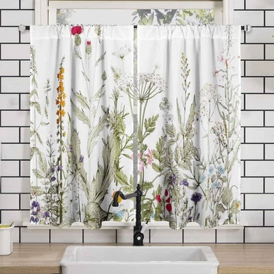 花卉植物厨房窗帘,春花植物复古农舍短 C... — 第 1/4 张图片