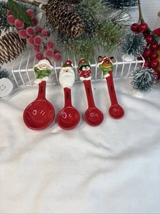 Christmas Measuring Spoons Set of 4 Ceramic Santa Reindeer Snowman Penguin, Red. - Picture 1 of 7