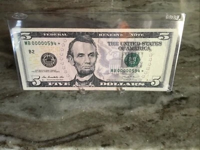 SERIES 2013 $5 DOLLAR BILL FEDERAL RESERVE STAR NOTE ☆ Rare!! LOW 00000594* - Image 1 of 4
