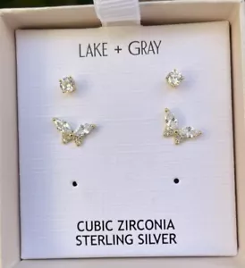 Lake + Gray 2 Piece Earrings Studs Cubic Zirconia Sterling Silver Gold NEW - Picture 1 of 5