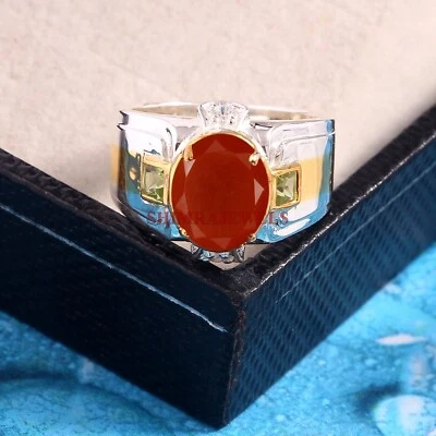 Anel masculino de prata folheado a ouro branco ônix vermelho natural e peridoto #1949 - Imagem 1 de 4