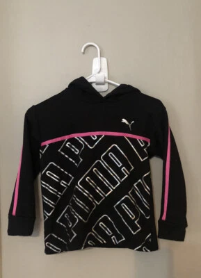 Girl’s Puma Hoodie Sz M Black With Silver Lettering & Pink Trim #FVI - Image 1 of 4