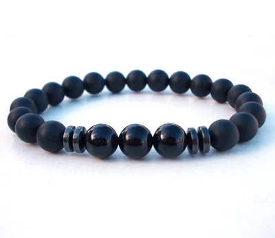 Pulseras elásticas con cuentas de yoga protección de piedras de ágata mate turmalina negra para hombre Foto 1 de 3