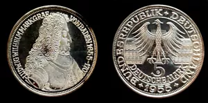 Germania 1955 G 5 marchi, superbo cameo PL, Baden, rara data chiave, basso Mtg 199.000 - Foto 1 di 1