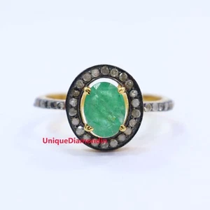 Natural Emerald ring diamond Emerald ring Engagement ring silver Wedding rings - Picture 1 of 6