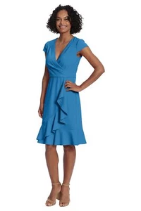 London Time Womens Plus Size Feminine Faux Wrap Ruffle Dress Directoire Blue 14W - Picture 1 of 6