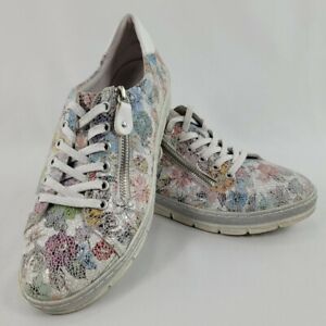Remonte Soft Women's Leather Sneakers Shoes Size Euro 38 Floral Zipper Lace Ups 