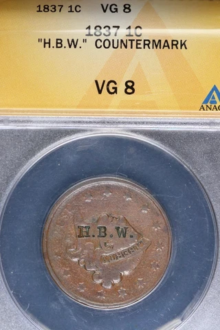 1837 Coronet Head Large Cent ANACS VG8 "H.B.W" Countermark*DoubleJCoins* 1800-13 Cover