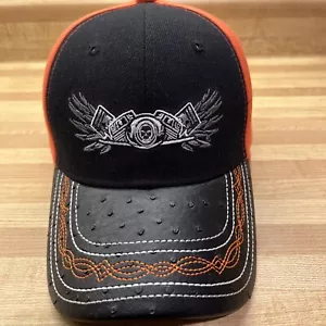 Sombrero de béisbol de carreras naranja con pico cosido de cuero negro correa ajustable - Imagen 1 de 8