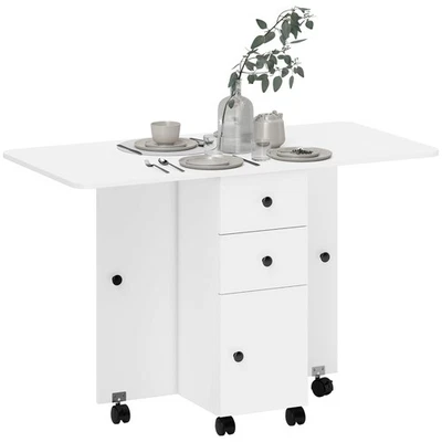 HOMCOM Mesa de Comedor Plegable, Mesa de Hoja Caída con Cajones de Almacenamiento Blanca