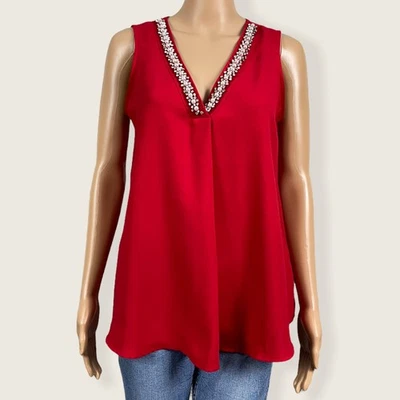 Camisa sin mangas Adrienne Vittadini PEQUEÑA Elegante Roja Brillante Cuello en V Estrás Perlas Foto 1 de 4