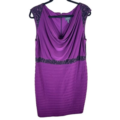 Adrianna Papell Purple Black Lace Drape Neck Sleeveless Stretch Sheath Dress 14W - image 1 of 4