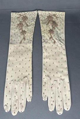 Vintage Ladies Dress Gloves Nylon Fabric  Gold & Rose Tone Beads - Image 1 of 4