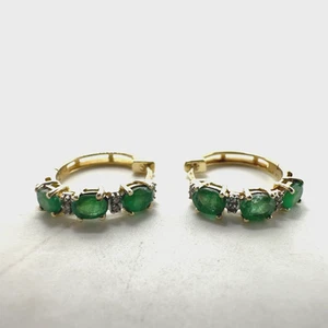 10k Yellow Solid Gold Emerald & Diamond .04TCW Earrings / 2.3g - Picture 1 of 7