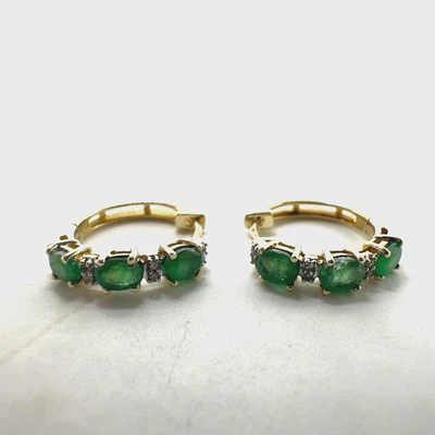 10k Yellow Solid Gold Emerald & Diamond .04TCW Earrings / 2.3g - Image 1 of 4