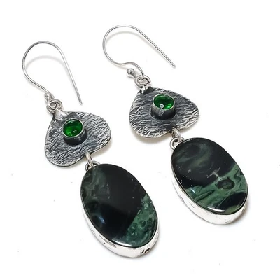 Kambaba Jasper,Diopside Gemstone 925 Sterling Silver Jewelry Earring 2.76" L495 - Image 1 of 2