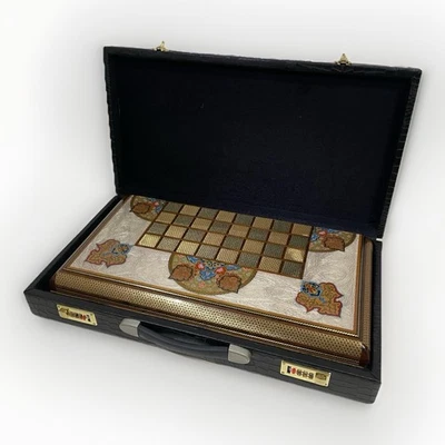 Handmade Khatam Backgammon & Chess Set Inlaid Folding Wooden Board w  Case - Image 1 of 4