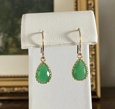 Emerald Green Glass Teardrop Stone Gold Plated Bezel Framed Earrings - Image 1 of 4
