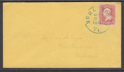 US Sc 65 on 1861 cover, 3c rose, 31mm blue BURLINGTON, VT cds, to WEST RANDOLPH - Image 1 of 2
