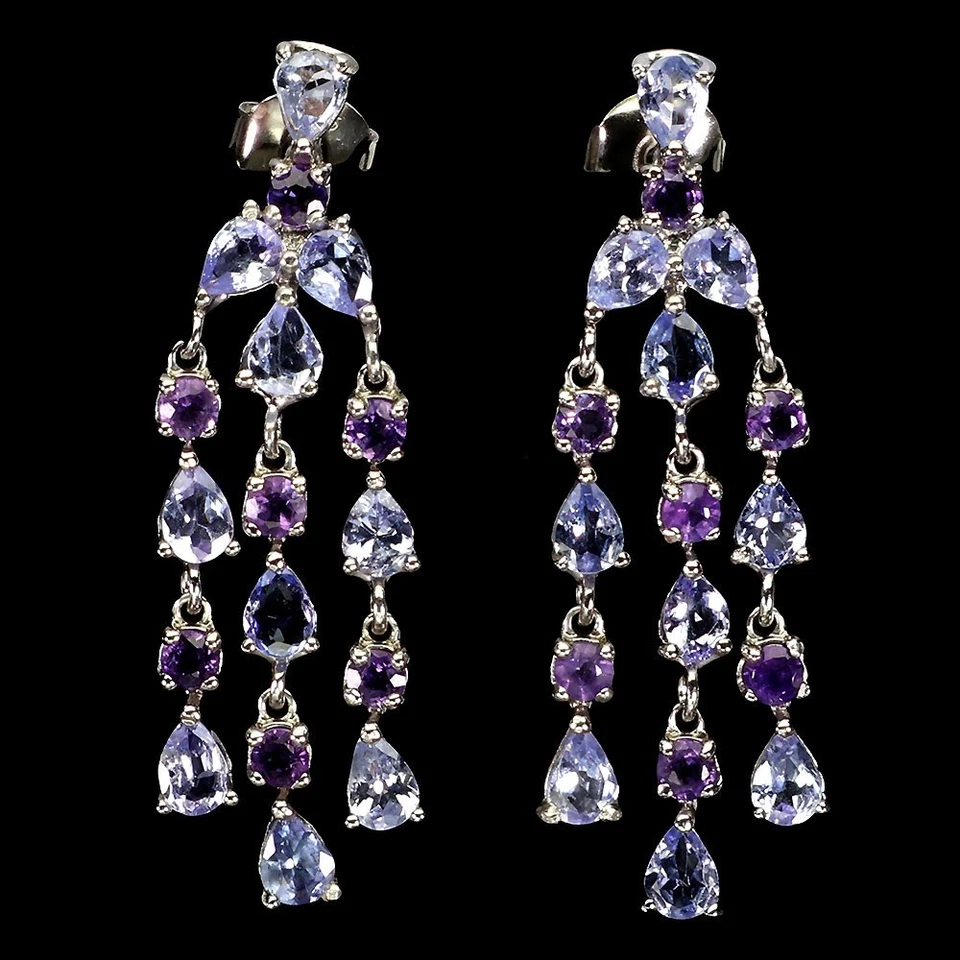 Orecchini in argento sterling 925 ovali tanzanite ametista pietre preziose... - Immagine 1 di 4