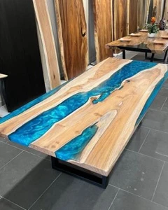 Blue Epoxy Resin Dining Table Top, Live Edge Wooden Table, Office Desk Table Top - Picture 1 of 9