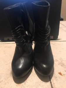FERGIE BRAND BLACK LEATHER BOOTIES: GREAT LOOKING STYLE SIZE 6.5 4 inch heel EUC - Picture 1 of 11