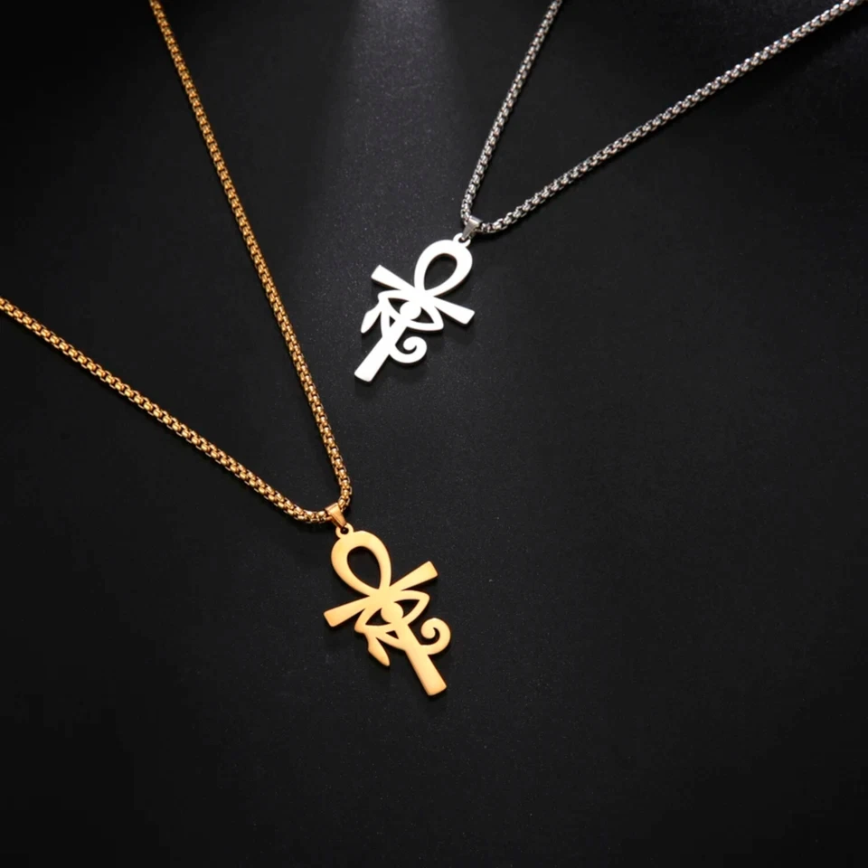 Collana catena acciaio inox ciondolo occhio di Horus croce egiziana donna uomo - Immagine 1 di 4