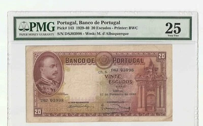 1940 PORTUGAL 20 ESCUDOS PMG VF25 - Image 1 of 2