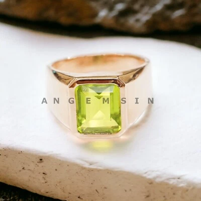 Piedras preciosas de peridoto con anillo chapado en oro de plata de ley 925 para hombre #AL950 Foto 1 de 4