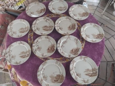 12 Assiettes Plate Terre de Fer Creil et Montereau Service Cerisier Sépia 22,5cm - Photo 1/4