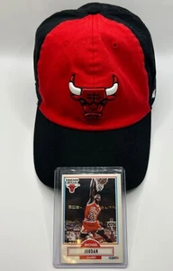 CHICAGO BULLS 47' BRAND Red black Bill Cap with a 1990 Michael Jordan NBA card. - Picture 1 of 12