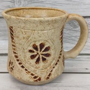 Stoneware Coffee Mug Tan Flower Embossed Mug DIO USA Vintage 16 Oz - Picture 1 of 7