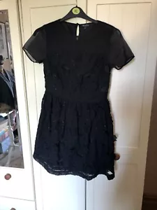 RIVER ISLAND Black Short Sleeve Textured Beaded Lace Short Skater Dress Size 10 - Picture 1 of 8