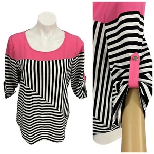 NY Collection Top Womens Large Black Stripe Pink Colorblock Shirt Work Office - Picture 1 of 17