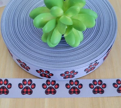 7/8 Inch (1YD) Red Buffalo Plaid Dog Paw Ribbon Animal Collar Doggie Lanyard Bow - Image 1 of 2