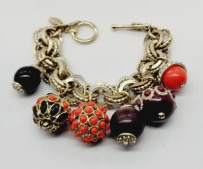 Impresionante Pulsera Ann Taylor Gruesa Estrás Cuentas Dije Enorme Tono Dorado 8 pulgadas Foto 1 de 4