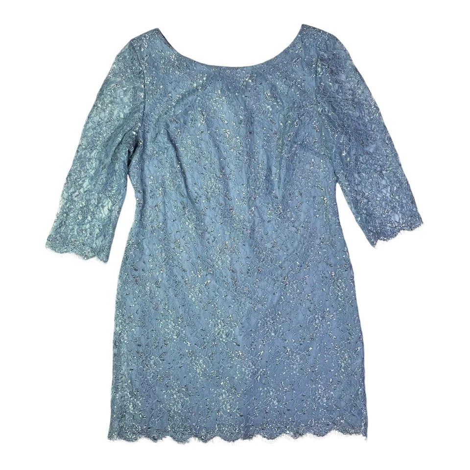 Calvin Klein Size 12P Blue Lace Short Dress Metallic Silver - Image 1 of 4