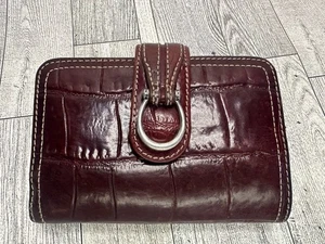 Vtg BRIGHTON Wallet Bifold Burgundy Leather Croc Embossed Woven Snap Closure - Picture 1 of 8