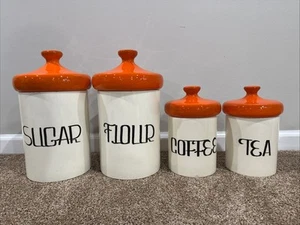 Vintage MCM Mushroom Lid Ceramic Canisters Flour Sugar Coffee & Tea Set Orange - Picture 1 of 14
