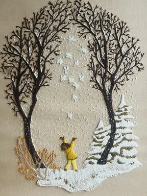 Vintage Años 60 Mod Crewel Bordado Aguja Invierno Navidad Nieve Árboles Pájaros Foto 1 de 4