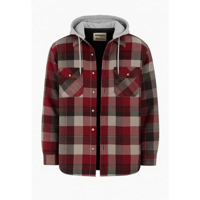 Wrangler Authentics Men’s Quilted Flannel Hoodie Jacket M Red Black Plaid Lined - Image 1 of 4