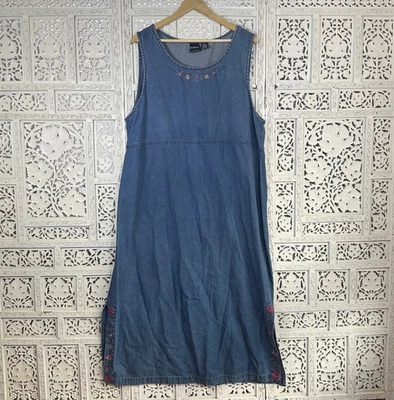 Винтажный синий цветочный вышитый коттедж бабушка без рукавов макси платье Sz 1 X - Изображение 1 из 4