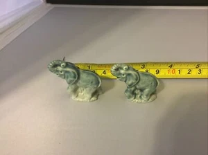 Set Of 2 Miniature Ceramic Elephant Figurines Blue Blueish White - Picture 1 of 4